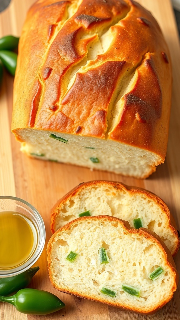 A loaf of homemade jalapeño bread with slices revealing the soft texture and jalapeño pieces, on a wooden board with olive oil.